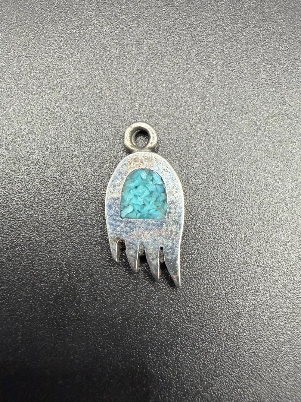 Vintage Sterling Silver 925 Native Navajo Turquoise Inlay Bear Claw Pendant